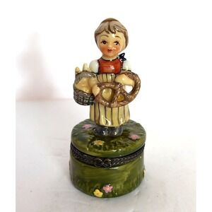 Vintage Trinket German Girl holding Pretzel  [ D.N. & E.L. ]  HInged Figurine